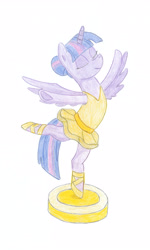 Size: 1772x2953 | Tagged: safe, artist:minux86, twilight sparkle, twilight sparkle (alicorn), alicorn, pony, a royal problem, ballerina, ballet, ballet slippers, clothes, eyes closed, female, mare, simple background, solo, traditional art, tutu, twilarina, white background