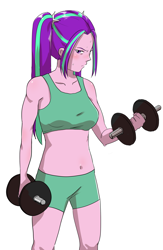 Size: 2105x3227 | Tagged: safe, artist:amazingpuffhair, aria blaze, equestria girls, belly button, clothes, commission, female, looking at you, midriff, simple background, solo, sports bra, sports shorts, sweat, weight lifting, weights, white background, workout, workout outfit