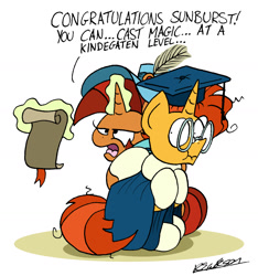 Size: 1444x1545 | Tagged: safe, artist:bobthedalek, stellar flare, sunburst, pony, unicorn, atg 2018, bitch, clothes, diploma, disappointed, dress, female, gown, graduation, graduation cap, hat, hug, magic, male, mare, messy mane, misspelling, mother and child, mother and son, newbie artist training grounds, parent and child, scroll, simple background, socks (coat marking), stallion, stellar flare is not amused, telekinesis, unamused, white background