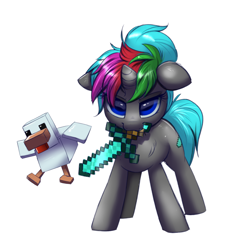 Size: 2000x2000 | Tagged: safe, artist:confetticakez, oc, oc only, oc:diamond sharp, bird, chicken, pony, unicorn, crossover, female, floppy ears, mare, minecraft, mouth hold, ponytail, simple background, solo, sword, video game, weapon, white background