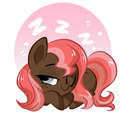 Size: 1536x1536 | Tagged: safe, artist:colorfulcolor233, oc, oc:scarlet trace (coffee bean), pony, chibi, female, looking at you, mare, simple background, sleeping, solo, white background, zzz