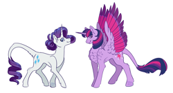 Size: 1280x690 | Tagged: safe, artist:seabreezy, artist:seabreezy-mlp, rarity, twilight sparkle, twilight sparkle (alicorn), alicorn, pony, unicorn, alternate hairstyle, colored wings, colored wingtips, cutie mark, duo, female, fluffy, leonine tail, looking at you, mare, simple background, smiling, spread wings, white background, wings