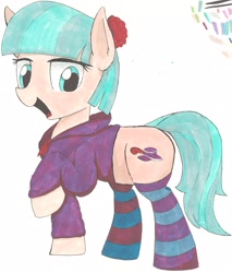 Size: 1952x2288 | Tagged: safe, artist:taurson, coco pommel, earth pony, pony, clothes, female, open mouth, raised hoof, simple background, socks, solo, striped socks, traditional art, white background