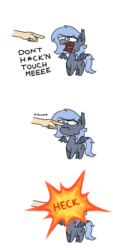 Size: 540x1200 | Tagged: safe, artist:glimglam, oc, oc only, oc:panne, bat pony, pony, angry, animated, boop, booped, chibi, comic, derp, dialogue, disembodied hand, duo, explosion, faic, female, hand, heck, if you boop a pony it explodes, mare, non-consensual booping, open mouth, screaming, scrunchy face, simple background, solo focus, speech bubble, spread wings, tongue out, vibrating, white background, wings