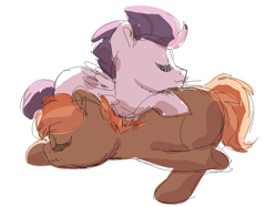 Size: 1071x800 | Tagged: artist needed, safe, button mash, rumble, earth pony, pegasus, pony, colt, gay, male, rumblemash, shipping, simple background, snuggling, white background