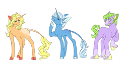 Size: 5000x2500 | Tagged: safe, artist:uunicornicc, jack pot, sunflower spectacle, classical unicorn, earth pony, pony, unicorn, grannies gone wild, big bucks, chest fluff, cloven hooves, female, leonine tail, male, mare, missing cutie mark, raised hoof, simple background, stallion, trio, unshorn fetlocks, white background