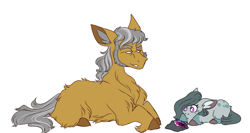 Size: 3000x1600 | Tagged: safe, artist:uunicornicc, igneous rock pie, marble pie, earth pony, pony, blank flank, cute, dappled, duo, father and child, father and daughter, female, filly, floppy ears, fluffy, geode, male, marblebetes, missing cutie mark, parent and child, prone, simple background, sitting, smiling, stallion, white background, younger