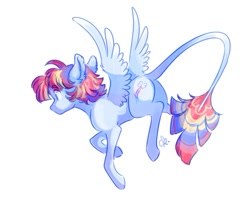 Size: 999x801 | Tagged: safe, artist:kerui8d, oc, oc only, oc:rainbow iris lightning, pegasus, pony, ear fluff, female, filly, leonine tail, magical lesbian spawn, offspring, parent:rainbow dash, parent:twilight sparkle, parents:twidash, simple background, solo, spread wings, white background, wings