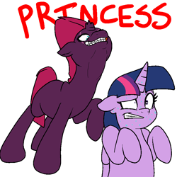 Size: 800x800 | Tagged: safe, artist:bennimarru, tempest shadow, twilight sparkle, twilight sparkle (alicorn), alicorn, creepy, faic, flat colors, flinch, nightmare fuel, oh shit, scene interpretation, simple background, smiling, sweat, white background