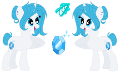 Size: 667x403 | Tagged: safe, artist:nocturna76, oc, oc only, oc:sapphire jubilee, pony, unicorn, bedroom eyes, ear piercing, earring, eyeshadow, female, glowing horn, icey-verse, jewelry, makeup, mare, offspring, parent:fancypants, parent:fleur-de-lis, parents:fancyfleur, piercing, simple background, solo, white background