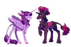 Size: 6000x4000 | Tagged: safe, artist:uunicornicc, fizzlepop berrytwist, tempest shadow, twilight sparkle, twilight sparkle (alicorn), alicorn, classical unicorn, pony, unicorn, absurd resolution, armor, broken horn, cloven hooves, colored hooves, eyes closed, leonine tail, looking at each other, preglight sparkle, pregnant, royal guard, simple background, smiling, story in the source, tempest becomes a royal guard, twilight's royal guard, unshorn fetlocks, white background