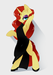 Size: 2121x3000 | Tagged: safe, artist:arctic-fox, oc, oc only, oc:vibrata songbird, pony, unicorn, armpits, bedroom eyes, bipedal, black dress, clothes, dress, eyeshadow, female, hair over one eye, high heels, mare, shoes, side slit, simple background, solo, white background