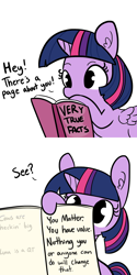 Size: 1280x2560 | Tagged: safe, artist:tjpones, twilight sparkle, twilight sparkle (alicorn), alicorn, pony, book, cute, drawing, ear fluff, encouragement, facts, female, heck, hoof hold, mare, positive ponies, qt, raised hoof, reading, simple background, truth, twiabetes, very true facts, white background, wholesome