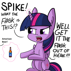 Size: 1080x1080 | Tagged: safe, artist:thephilosopony, artist:tjpones, edit, twilight sparkle, twilight sparkle (alicorn), alicorn, pony, alcohol, american, angry, beer, bud light, budweiser, censored vulgarity, chest fluff, dialogue, exploitable meme, get it the f#@k out of here, grawlixes, gtfo, implied spike, magic, meme, offscreen character, open mouth, parody, simple background, sitting, solo, vulgar, white background, yelling