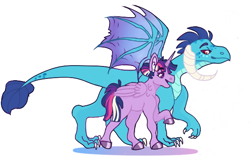 Size: 600x400 | Tagged: safe, alternate version, artist:meepxmorp, princess ember, twilight sparkle, twilight sparkle (alicorn), alicorn, dragon, pony, alternate hairstyle, emberlight, female, lesbian, mare, rainbow power, shipping, simple background, smiling, spread wings, walking, white background, wings