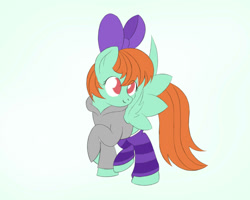 Size: 1280x1024 | Tagged: safe, artist:ideltavelocity, peppermint goldylinks, pegasus, pony, bow, clothes, female, friendship student, hair bow, hoodie, leg warmers, mare, no pupils, raised hoof, raised leg, simple background, smiling, solo, spread wings, standing, white background, wings