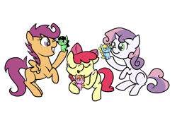 Size: 1200x800 | Tagged: safe, artist:otterlore, derpibooru import, apple bloom, scootaloo, sweetie belle, cutie mark crusaders, ponified, simple background, the powerpuff girls, toy, transparent background