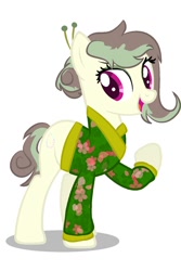 Size: 1004x1500 | Tagged: safe, artist:macadoptables, artist:meimisuki, oc, oc only, oc:yù shuǐyù valencia, earth pony, pony, base used, chinese, clothes, eyeshadow, female, hair bun, hairpin, icey-verse, kimono (clothing), magical lesbian spawn, makeup, mare, offspring, open mouth, parent:oc:jade rivers, parent:vignette valencia, parents:canon x oc, parents:jadencia, simple background, solo, white background