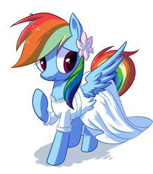 Size: 882x1009 | Tagged: safe, artist:reuniclus, rainbow dash, pegasus, pony, clothes, cute, dashabetes, dress, female, flower, flower in hair, mare, raised hoof, shadow, simple background, solo, wedding dress, white background