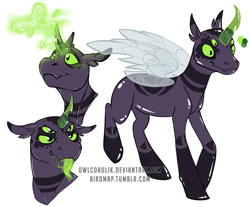 Size: 1500x1239 | Tagged: safe, artist:owlcoholik, oc, oc only, oc:astoria moon, changepony, hybrid, acid, ambiguous gender, changeling hybrid, drool, floppy ears, glowing horn, interspecies offspring, magic, magical lesbian spawn, multiple eyes, offspring, parent:princess luna, parent:queen chrysalis, parents:chrysaluna, simple background, solo, story included, tongue out, transparent horn, white background