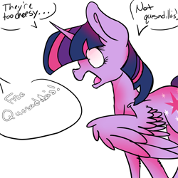 Size: 1280x1280 | Tagged: safe, artist:ask-azalea-grey, twilight sparkle, twilight sparkle (alicorn), alicorn, pony, cutie mark, dialogue, female, mare, offscreen character, open mouth, request, shocked, simple background, solo, speech bubble, spread wings, they're just so cheesy, white background, wings