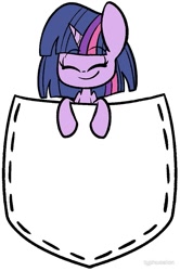 Size: 663x1000 | Tagged: safe, artist:typhwosion, twilight sparkle, pony, eyes closed, female, mare, pocket, pocket pony, simple background, smiling, solo, white background