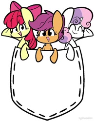 Size: 780x1000 | Tagged: safe, artist:typhwosion, apple bloom, scootaloo, sweetie belle, earth pony, pegasus, pony, unicorn, adorabloom, cute, cutealoo, cutie mark crusaders, diasweetes, eyes closed, female, filly, looking at you, open mouth, pocket, pocket pony, raised hoof, simple background, smiling, trio, white background