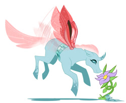 Size: 900x734 | Tagged: safe, artist:pizzapupperroni, ocellus, changedling, changeling, female, flower, flying, simple background, sniffing, white background