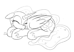 Size: 2153x1524 | Tagged: safe, artist:selenophile, nightmare moon, alicorn, pony, cute, explicit source, eyes closed, female, floppy ears, grayscale, lying down, mare, monochrome, nicemare moon, prone, simple background, sketch, sleeping, smiling, solo, white background