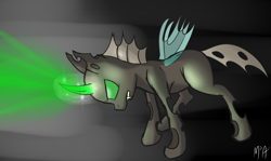 Size: 2000x1192 | Tagged: safe, artist:mostlyponyart, derpibooru import, changeling, drone, fangs, horn, magic, wings