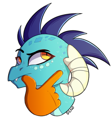 Size: 1938x2138 | Tagged: safe, artist:dino_horse, princess ember, dragon, dragoness, emoji, fangs, female, frown, horns, looking up, raised eyebrow, simple background, solo, thinking, thinking emoji, white background