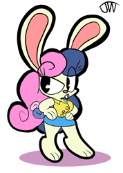 Size: 701x984 | Tagged: safe, artist:joeywaggoner, bon bon, sweetie drops, anthro, rabbit, bon bon is not amused, clothes, cute, female, mare, miniskirt, signature, simple background, skirt, solo, species swap, unamused, unhappy, white background