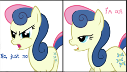 Size: 822x468 | Tagged: safe, artist:1dkv, bon bon, sweetie drops, earth pony, pony, 2 panel comic, bad quality, bon bon is not amused, comic, cropped, dialogue, doing loving things, female, mare, meme, no just no, nope, poor quality, reaction image, simple background, solo, unamused, white background