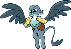 Size: 1503x1054 | Tagged: source needed, safe, artist:christheblue, gabby, griffon, colored, cute, female, flying, gabbybetes, happy, saddle bag, simple background, solo, white background