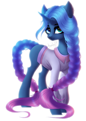 Size: 710x1000 | Tagged: safe, artist:bastet-catmew, oc, pony, unicorn, braid, clothes, female, mare, shirt, simple background, solo, white background