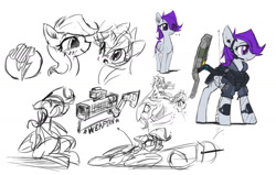 Size: 1280x812 | Tagged: safe, artist:satv12, oc, oc only, oc:blackjack, oc:morning glory (project horizons), cyborg, pegasus, pony, unicorn, fallout equestria, fallout equestria: project horizons, armor, energy weapon, fanfic, fanfic art, female, gloryjack, gun, handgun, hooves, laser gun, laser rifle, lesbian, magical energy weapon, oc x oc, shipping, simple background, sketch, sketch dump, weapon, white background, wings