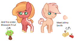 Size: 388x212 | Tagged: safe, artist:owl-clockwork, oc, oc:blossom fruit, oc:johnny smith, pony, blaze (coat marking), brother and sister, button eyes, colored hooves, duo, female, freckles, male, mare, offspring, parent:big macintosh, parent:fluttershy, parents:fluttermac, siblings, simple background, stallion, white background