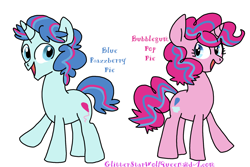 Size: 1800x1200 | Tagged: safe, artist:glitterstarwolfqueen, oc, oc:blue raspberry pie, oc:bubblegum pop pie, pony, unicorn, brother and sister, female, male, offspring, parent:party favor, parent:pinkie pie, parents:partypie, siblings, simple background, white background