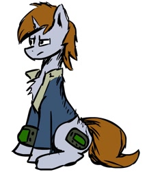 Size: 559x642 | Tagged: safe, artist:vbronny, oc, oc only, oc:littlepip, pony, unicorn, fallout equestria, chest fluff, clothes, cutie mark, fanfic, fanfic art, female, hooves, horn, mare, pipbuck, simple background, sitting, solo, vault suit, white background