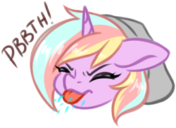 Size: 788x573 | Tagged: safe, artist:bumblebun, derpibooru exclusive, oc, oc:bumblebun, pony, unicorn, cute, female, majestic as fuck, mare, onomatopoeia, raspberry, raspberry noise, simple background, solo, tongue out, white background