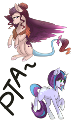 Size: 800x1348 | Tagged: safe, artist:h0mi3, oc, oc only, draconequus, hybrid, pony, unicorn, adoptable, blaze (coat marking), digital art, duo, female, freckles, happy, interspecies offspring, mare, next generation, offspring, open mouth, parent:aria blaze, parent:discord, parent:princess celestia, parent:sunburst, parents:ariaburst, parents:dislestia, signature, simple background, socks (coat marking), white background