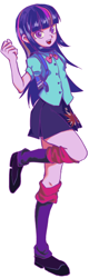 Size: 298x936 | Tagged: safe, artist:akomaru, twilight sparkle, human, equestria girls, clothes, female, leg warmers, looking at you, miniskirt, open mouth, pleated skirt, shoes, simple background, skirt, smiling, solo, white background