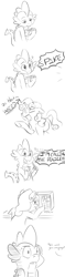 Size: 1280x5430 | Tagged: safe, artist:drutheredpanda, spike, sweetie belle, dragon, pony, unicorn, 911, black and white, comic, confused, crayon, dialogue, duo, exclamation point, female, filly, funny, grayscale, implied drugs, interrobang, lineart, meme, microwave, monochrome, question mark, simple background, speech bubble, vine video, white background