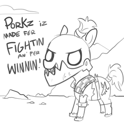 Size: 1280x1280 | Tagged: safe, artist:tjpones, earth pony, pony, armor, dat's orky, dialogue, grayscale, hogz, iron gob, lineart, monochrome, ork, orks in the comments, ponified, simple background, solo, waaagh!, warhammer (game), warhammer 40k, white background