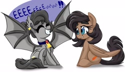 Size: 3100x1800 | Tagged: safe, artist:jen-neigh, derpibooru exclusive, oc, oc only, oc:crescent, oc:quillwright, bat pony, pegasus, pony, bat pony oc, collar, cute, ear piercing, earring, eeee, eyes closed, female, grin, happy, jewelry, mare, ocbetes, piercing, simple background, sitting, smiling, speech bubble, spread wings, squee, underhoof, white background, wings