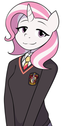 Size: 900x1800 | Tagged: safe, artist:furrgroup, oc, anthro, unicorn, anthro oc, clothes, commission, cute, gryffindor, harry potter, school uniform, simple background, smiling, solo, white background