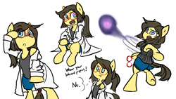 Size: 2732x1536 | Tagged: safe, artist:spheedc, oc, oc:sphee, earth pony, semi-anthro, armpits, bipedal, clothes, digital art, energy blast, female, glasses, lab coat, mare, ponytail, pouting, shoulder, simple background, solo, speech bubble, white background