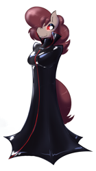 Size: 1284x2295 | Tagged: safe, artist:helixjack, oc, oc:latch, anthro, vampire, vampony, anthro oc, cape, clothes, latex, red eyes, simple background, white background