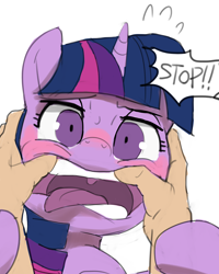 Size: 2000x2500 | Tagged: safe, artist:baigak, twilight sparkle, human, pony, blushing, dialogue, exclamation point, female, finger in mouth, hand, horn, offscreen character, open mouth, pov, simple background, solo focus, speech, spreading, sweat, teeth, text, tongue out, white background