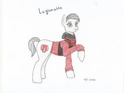 Size: 2244x1675 | Tagged: safe, artist:legionhooves, oc, oc:legionetta, brotherhood of steel, clothes, colored, cute, cutie mark, eye scar, gray coat, gray eyes, looking at you, raised arm, rule 63, scar, simple background, sketch, smiling, smirk, solo, steel ranger scribe, uniform, white background